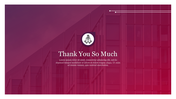Modern thank you layout featuring praying hands symbol above title, with corporate building photo background in magenta.