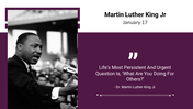 Slide featuring a grayscale image of Martin Luther King Jr, and a purple text area with a quotation.
