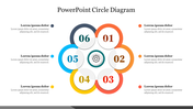 Slide featuring six colorful circles in red, orange, pink, yellow, blue, and gray, arranged around a central gear icon.
