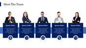 Meet the team layout showing five members with title boxes below each photo and circular icons indicating department roles.
