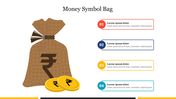 Money bag graphic with rupee symbol and coins on the left, four horizontal info boxes with circular numbers on the right.