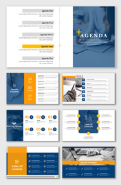 Corporate agenda slides with blue and orange themes, including detailed text sections and timeline markers.