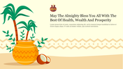 Pongal themed slide with a decorative pot, sugarcane, and coconuts, with text, set on a light yellow backdrop.