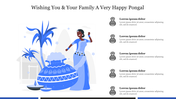 A PPT slide wishing a Happy Pongal, with an illustration of a woman in blue, celebrating with a decorated pot and flowers.