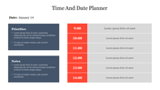 A time and date planner layout with prioritized tasks and notes for each hour from 9.00 AM to 2.00 PM with placeholder text.