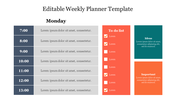A colorful Monday weekly planner slide with hourly slots from 7.00 AM to 1.00 PM, a to do list, and text sections.