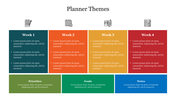 Planner layout with four weekly columns in teal, orange, yellow, and red, plus green, aqua, and blue boxes.
