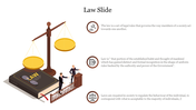Illustrated law design with a golden scale, a book, and three circular text areas describing legal principles.