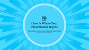 Vibrant sky blue slide with a circular center and radiating beams, featuring placeholder text.