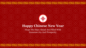 A Chinese New Year greeting slide featuring vibrant red and gold patterns with a traditional symbol of prosperity.