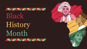 Black History Month illustration with portraits inside the African continent and tribal patterns in red, yellow, and green.