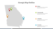 Georgia map outline with red, green, orange, and blue markers indicating cities, listed with descriptions to the right.