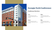 Slide with Georgia tech conference details, featuring a building image and four service categories with caption areas. 