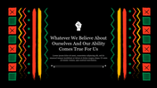 Central quote with raised fist icon above, bordered by colorful tribal-style vertical patterns on a black background.