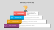 Slide with a golden trophy at the top of five colorful steps in purple, yellow, blue, and red, with icons and text.