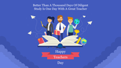 Teacher’s day slide with illustrated characters, books, and learning tools, set against a blue sky with a ribbon banner.