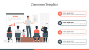 Classroom PowerPoint template featuring a teacher presenting a chart, with students listening and raising hands with text.