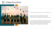 College slide featuring a graduation ceremony with students throwing their caps, with a text section on the right.
