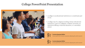 College PPT slide with an image of students attending a lecture and text defining college as an educational institution.