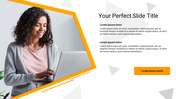 Slide with a photo of a smiling person using a laptop, framed by orange accents and text placeholders.