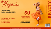 Magazine style layout in orange tones, highlighting a stylish woman and bold typography for fashion tips.