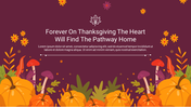 A warm Thanksgiving slide with pumpkins, fall foliage, and a quote with placeholder text on a maroon backdrop.