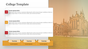 College themed layout with three text sections featuring icons, overlaid on a historical campus building background.