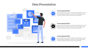 Illustration of a person interacting with blue data visualization panels, with three numbered text sections on the right.