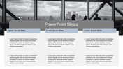 Professional slide featuring a grayscale and three content sections labeled with blue headers and descriptive bullet points.
