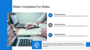 Business slide featuring a workspace photo, three labels with text, and a blue banner with an icon and paragraph below.
