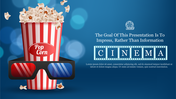 Movie slide showing popcorn and 3D glasses on the left, with cinema text, on a blue gradient background.