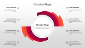 Circular stage diagram with colorful overlapping sections in red and orange, containing eight icons and captions.