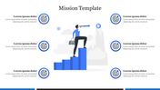 Illustration of a person searching for goals atop a blue bar graph, with mission statements marked by bullseye icons.