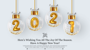 Decorative New Year slide featuring 2021 in gold inside ornaments, with glitter accents and a festive greeting at the bottom.