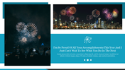 New Year themed slide with two photos of fireworks over city skylines and a message of pride and encouragement.