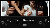 New Year celebration slide with people holding sparklers above a black background featuring fireworks and the text.