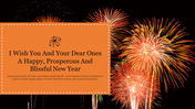 Dark background filled with fireworks display, featuring a stitched orange panel with a New Year wish and placeholder text.
