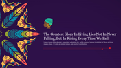African themed slide with colorful abstract leaf patterns on the left and a motivational quote on a dark purple background.