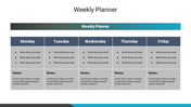 Five day weekly planner layout with columns for monday to friday, listing tasks and notes below.