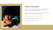 A thoughtful child resting on folded arms on the left, paired with a beige and white section detailing autism awareness.