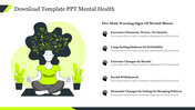 Mental health slide featuring an illustration of a meditating person with plants, along with a list of five warning signs.