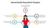 Mental health slide with a woman illustration and connected advice on mental health management in colorful circles.