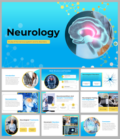 Neurology slide deck featuring glowing brain images with molecular patterns, covering function, disorders, and treatments.
