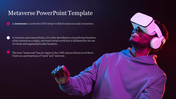 PowerPoint slide on the Metaverse, highlighting key points and showing a person immersed in virtual reality.