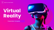 Virtual Reality Presentation Template with pink gradient, VR headset image, icons, shapes and structured text slides.