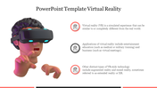 3D illustration of a person wearing a VR headset, with three text sections discussing virtual reality technology.