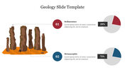 Geology slide featuring sedimentary and metamorphic rock formations with pie charts displaying their percentage compositions.