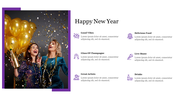 New Year celebration slide with two women holding champagne and balloons, confetti falling, and six event icons with text.
