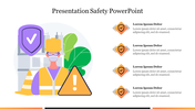 Safety PowerPoint template showing a construction worker with safety gear, surrounded by warning icons.