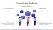 Template showcasing blockchain structures with four labeled sections, each with icons showing individuals holding blocks.